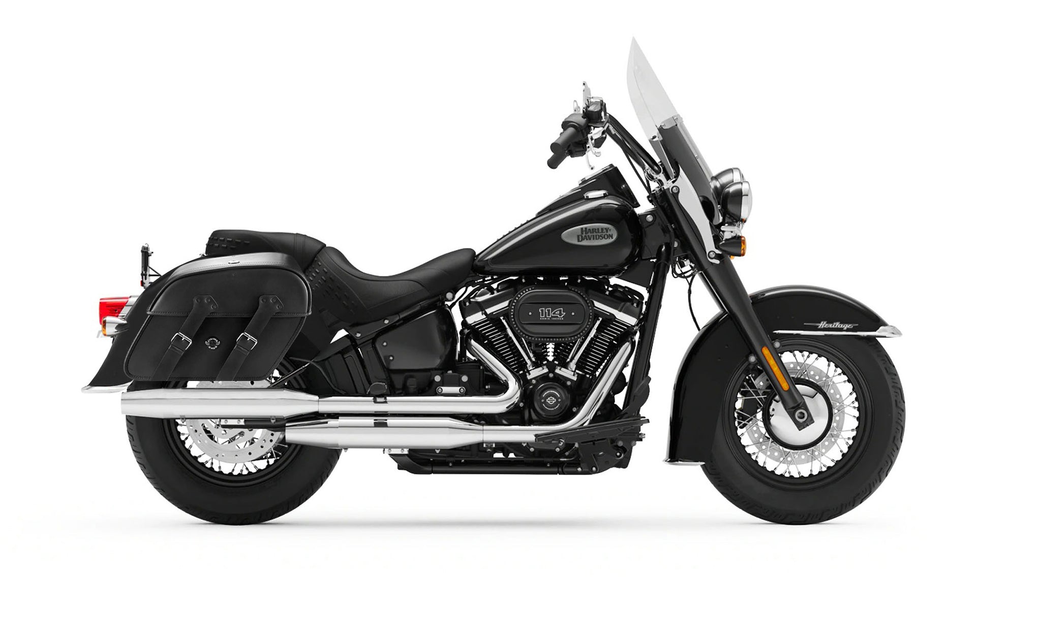 Viking Raven Large Motorcycle Leather Saddlebags For Harley Softail Heritage Flst I C Ci on Bike Photo @expand