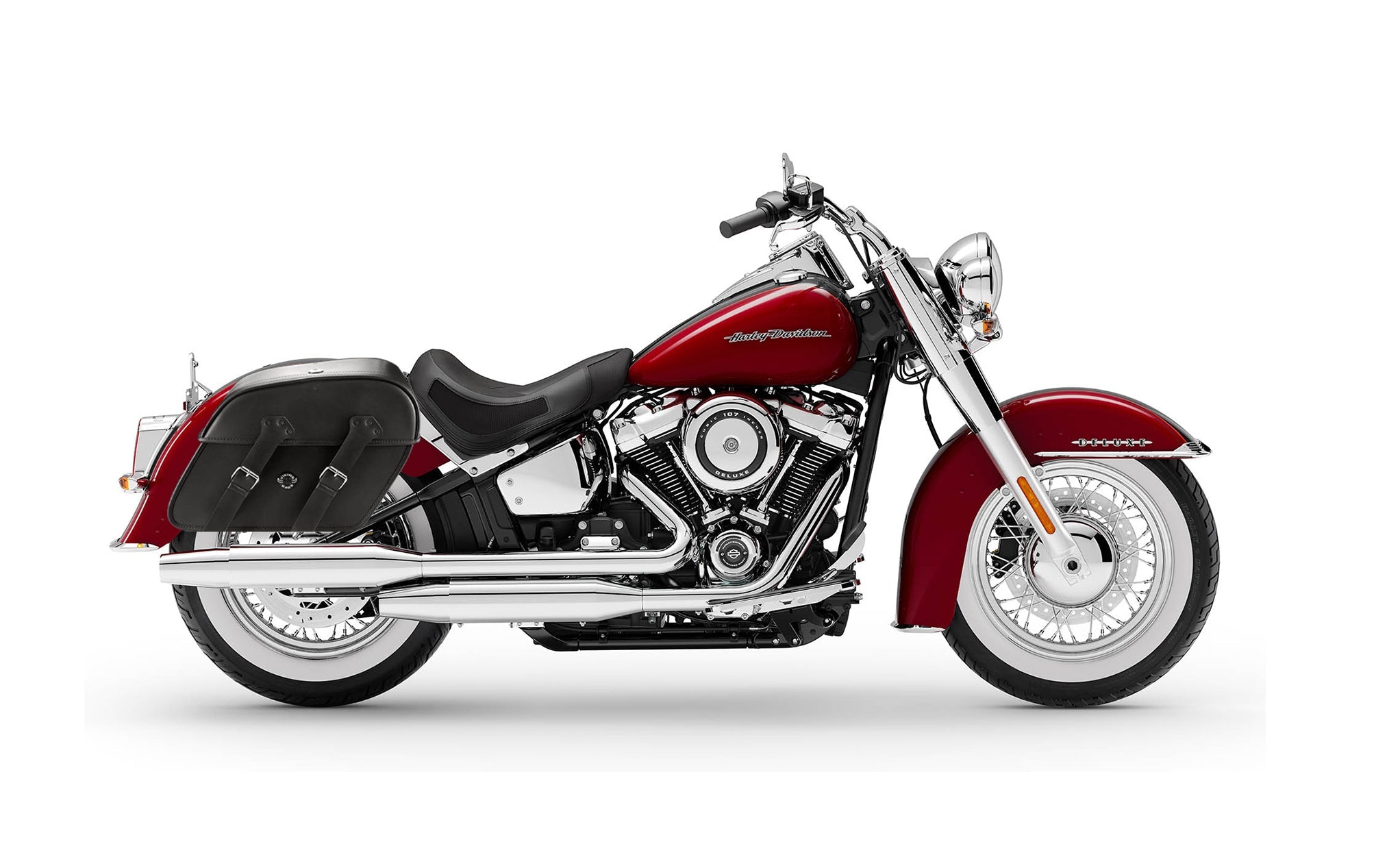 Viking Raven Large Motorcycle Leather Saddlebags For Harley Softail Deluxe Flstn I on Bike Photo @expand