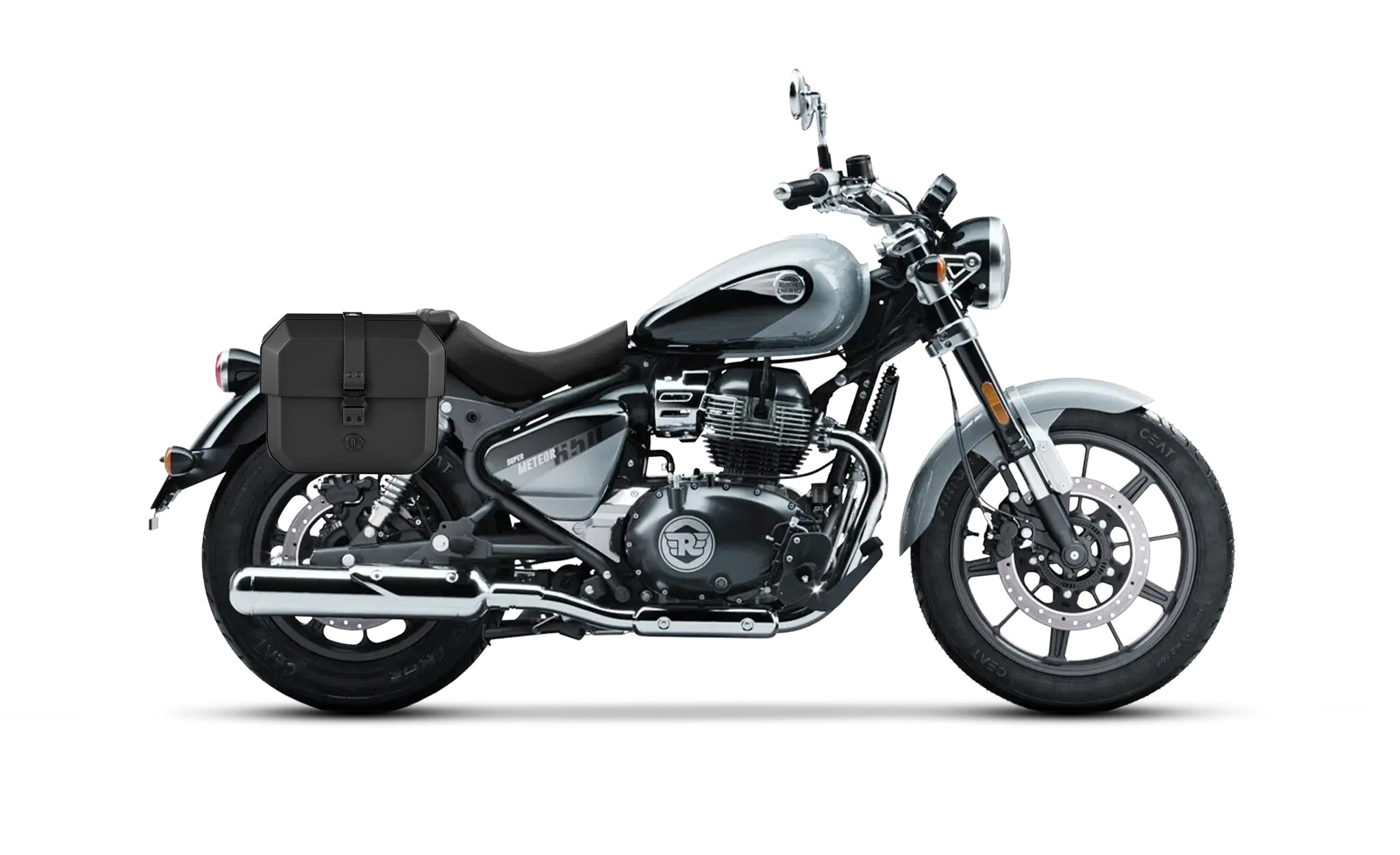 10L - Outlaw Quick-Mount Small Royal Enfield Super Meteor 650 Solo Hard Saddlebag (Right Only) Bag on Bike @expand