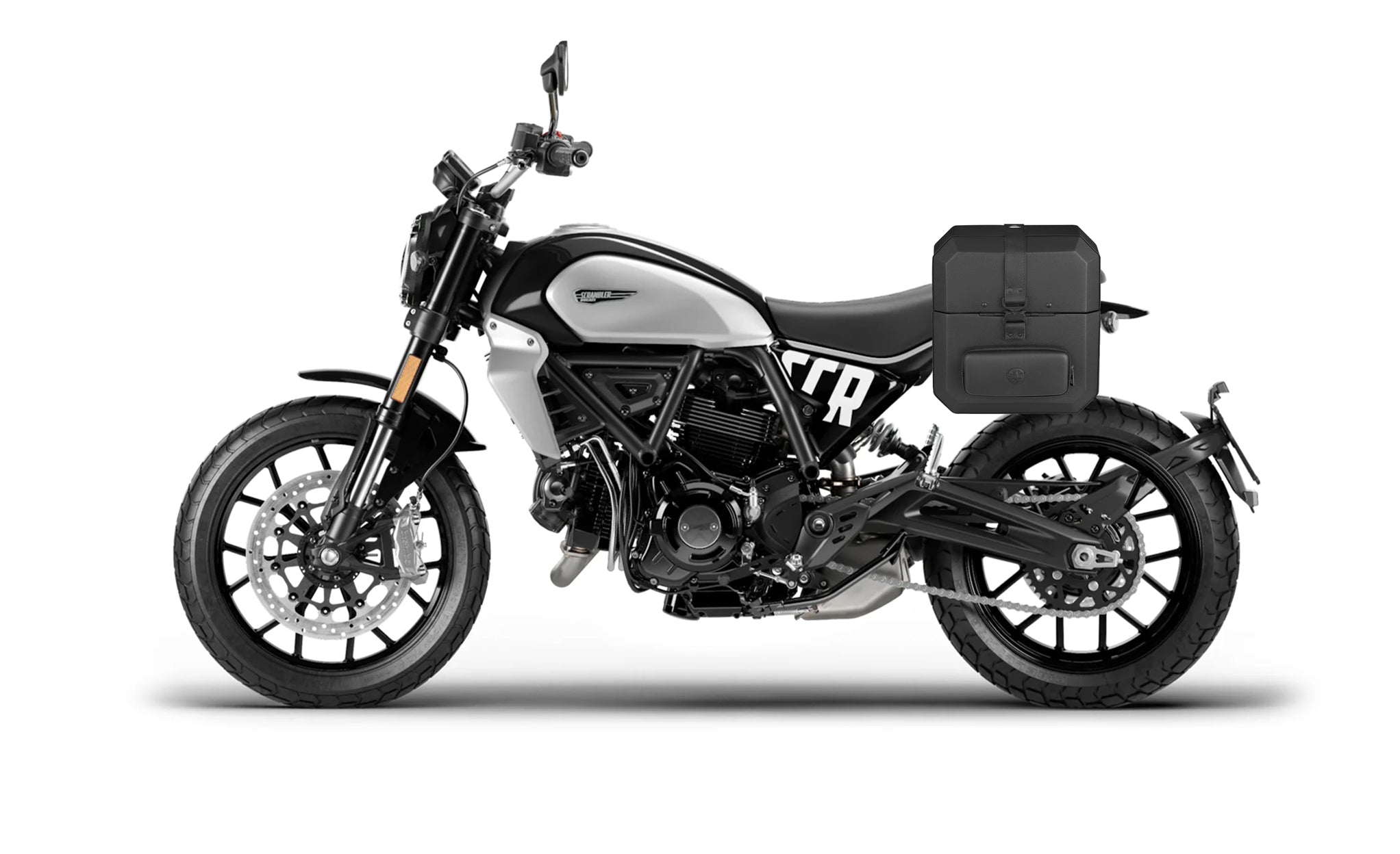 15L - Outlaw Quick Mount Medium Ducati Scrambler (2014-17) Hard Solo Saddlebag (Left Only) Bag on Bike @expand