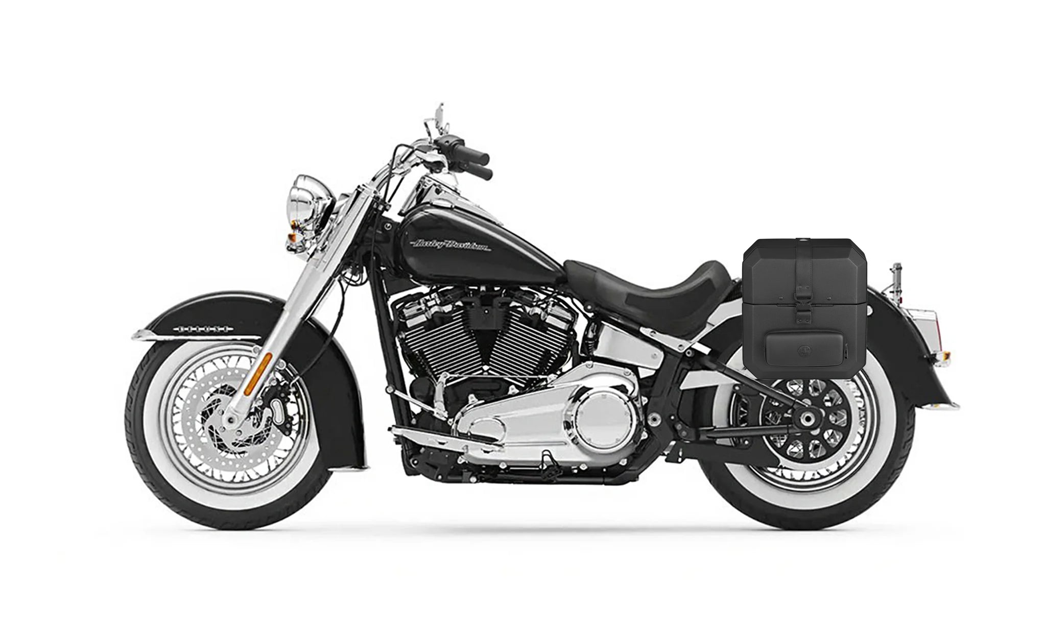 15L - Outlaw Quick Mount Medium Harley Softail Deluxe FLDE Hard Solo Saddlebag (Left Only) Bag on Bike @expand