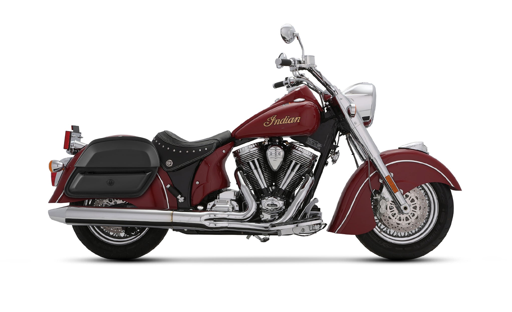 28L - Wraith Medium Indian Chief Deluxe Leather Motorcycle Saddlebags BAG on Bike View @expand