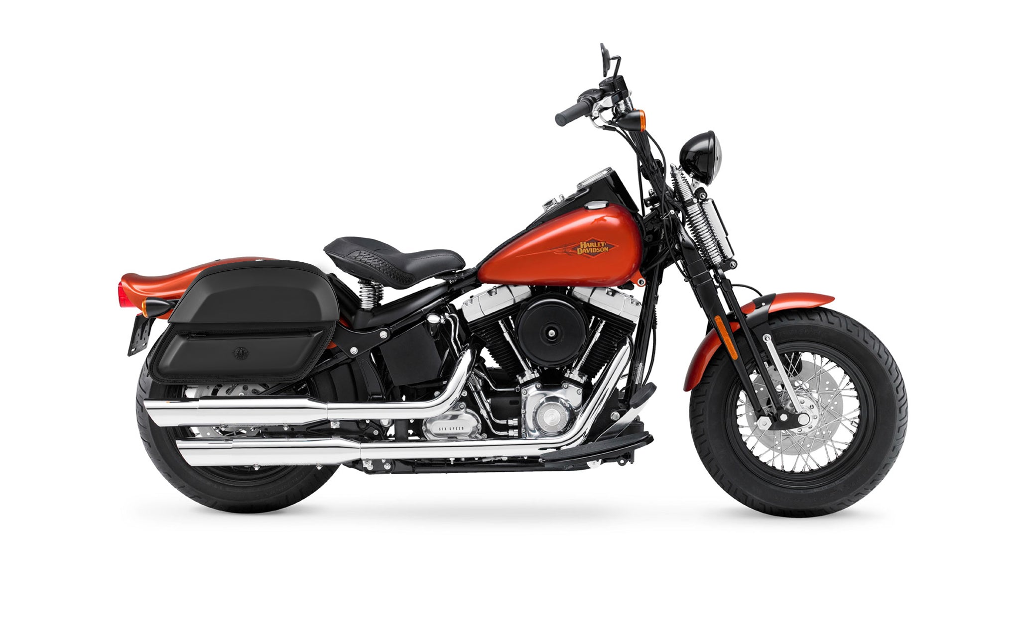 28L - Wraith Medium Leather Saddlebags for Harley Softail Cross Bones FLSTSB BAG on Bike View @expand