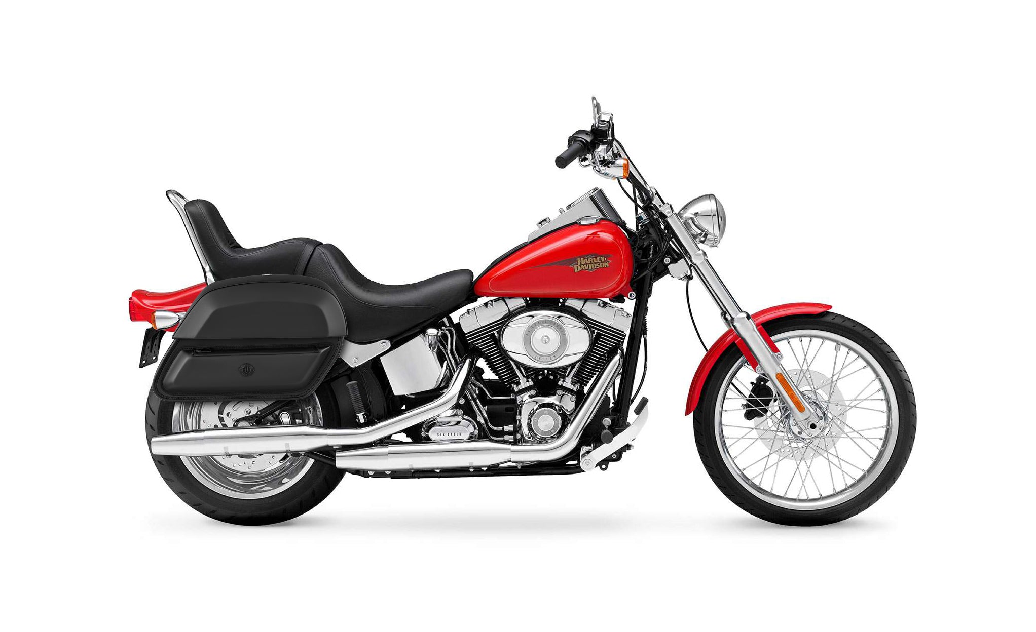 28L - Wraith Medium Leather Saddlebags for Harley Softail Custom FXSTC BAG on Bike View @expand