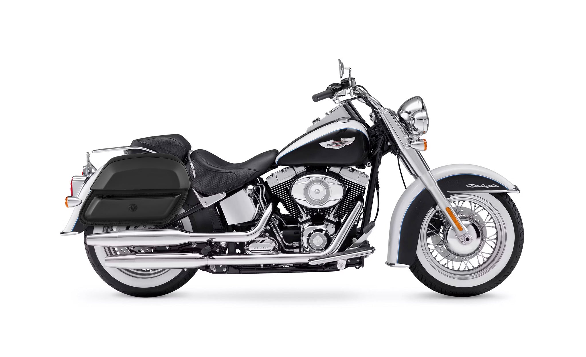 28L - Wraith Medium Leather Saddlebags for Harley Softail Deluxe FLSTN/I BAG on Bike View @expand
