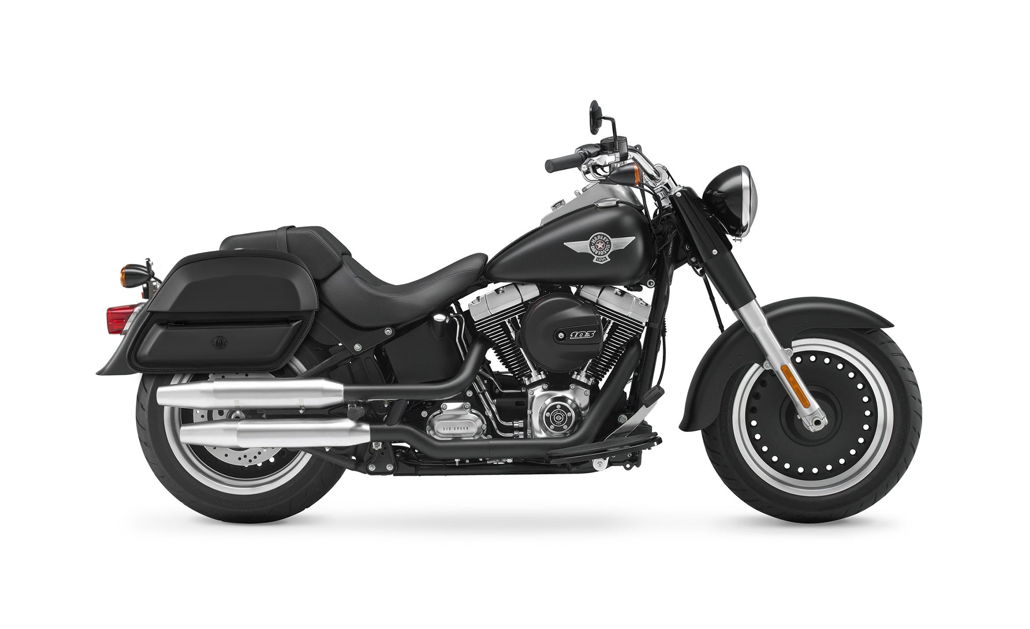 28L - Wraith Medium Leather Saddlebags for Harley Softail Fat Boy Lo FLSTFB BAG on Bike View @expand