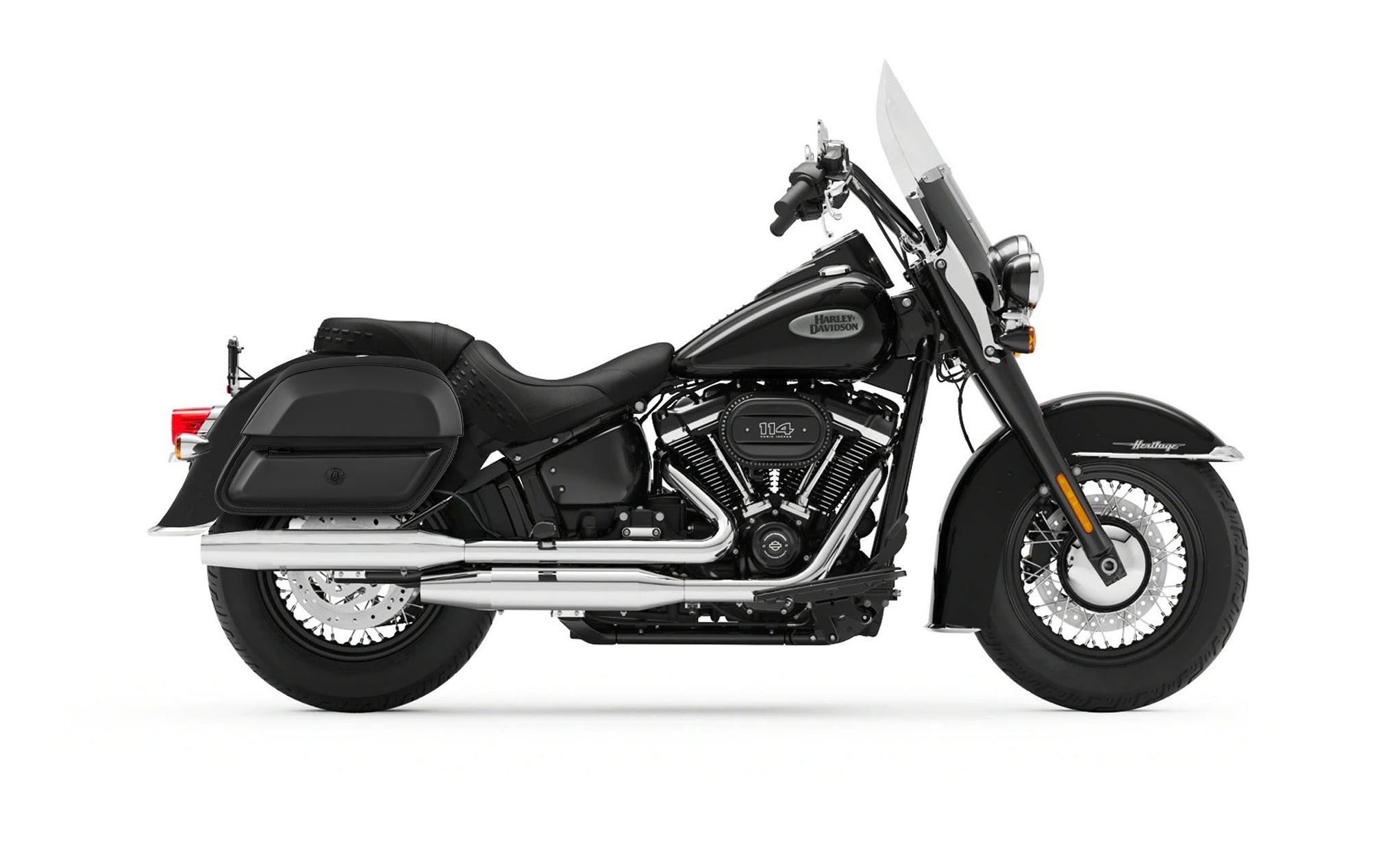 28L - Wraith Medium Leather Saddlebags for Harley Softail Heritage FLSTC/I BAG on Bike View @expand