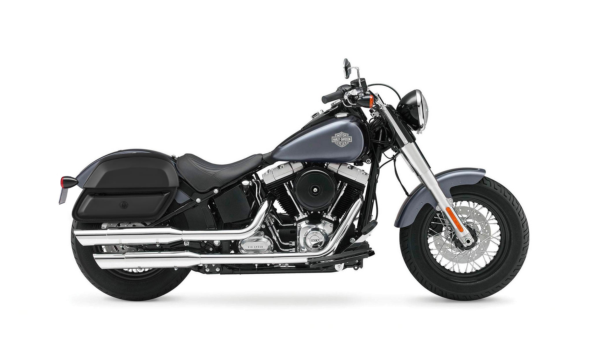 28L - Wraith Medium Leather Saddlebags for Harley Softail Slim FLS BAG on Bike View @expand