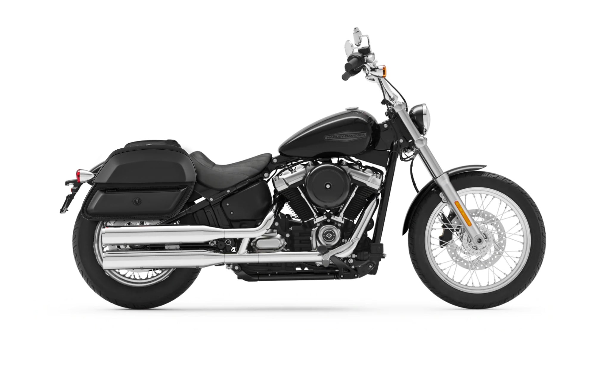 28L - Wraith Medium Leather Saddlebags for Harley Softail Standard FXST BAG on Bike View @expand