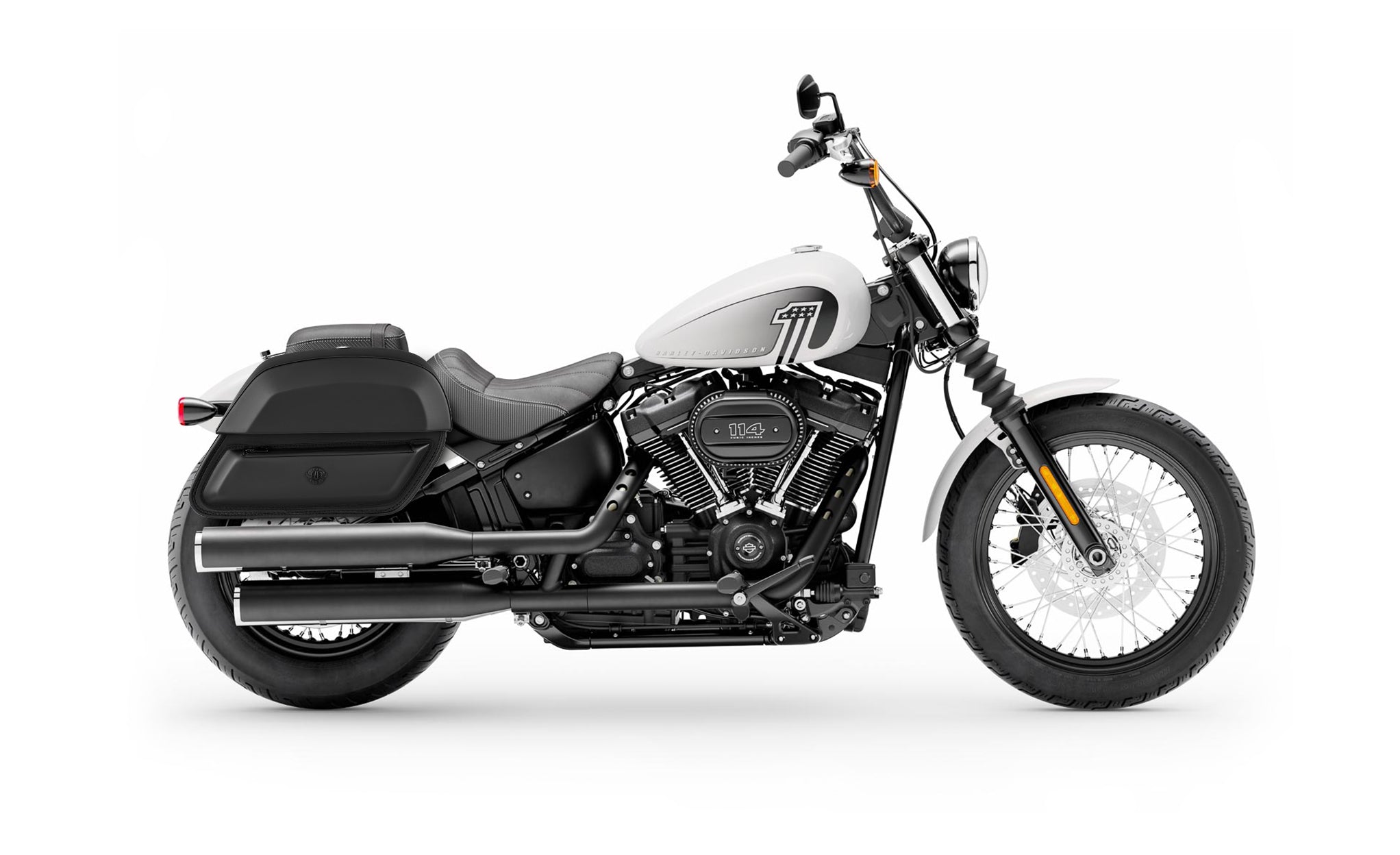 28L - Wraith Medium Leather Saddlebags for Harley Softail Street Bob FXBB BAG on Bike View @expand
