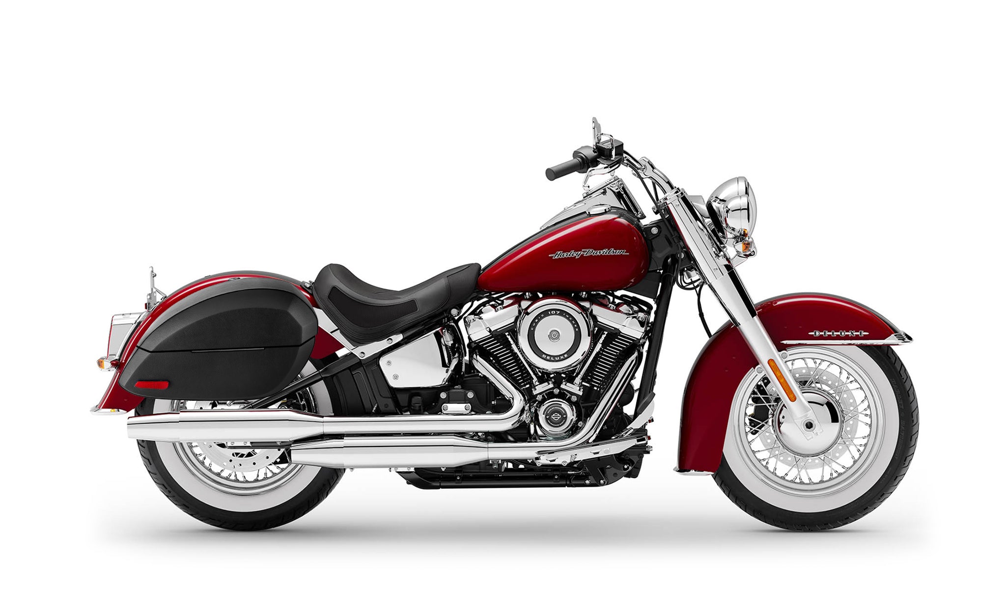 28L - Phantom Large Leather Wrapped Hard Saddlebags For Harley Softail Deluxe FLDE Bag on Bike @expand