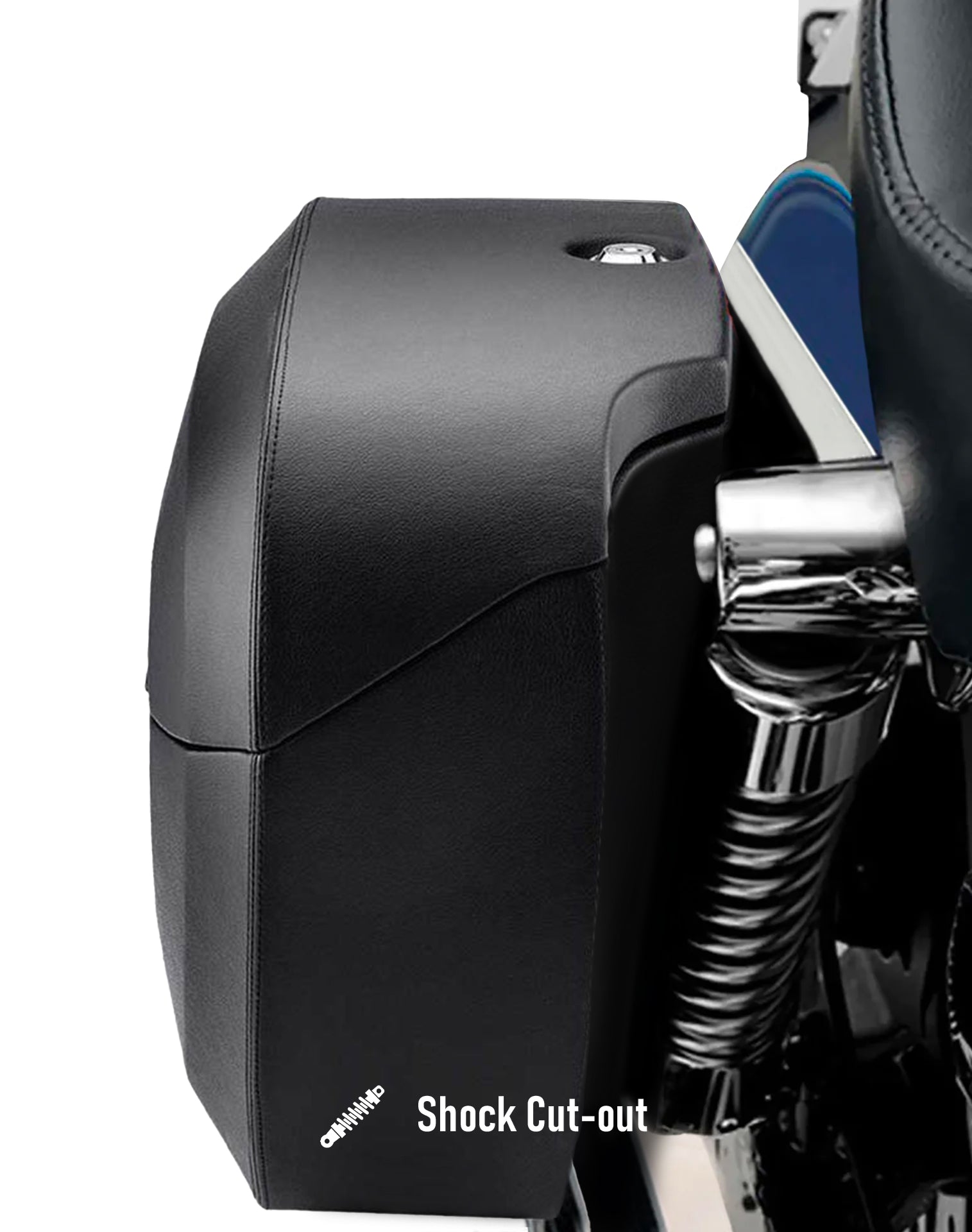 38L - Baldur Extra Large Shock Cut-out Leather Wrapped Hard Saddlebags for Harley Dyna Low Rider S FXDLS Shock Cut-out View