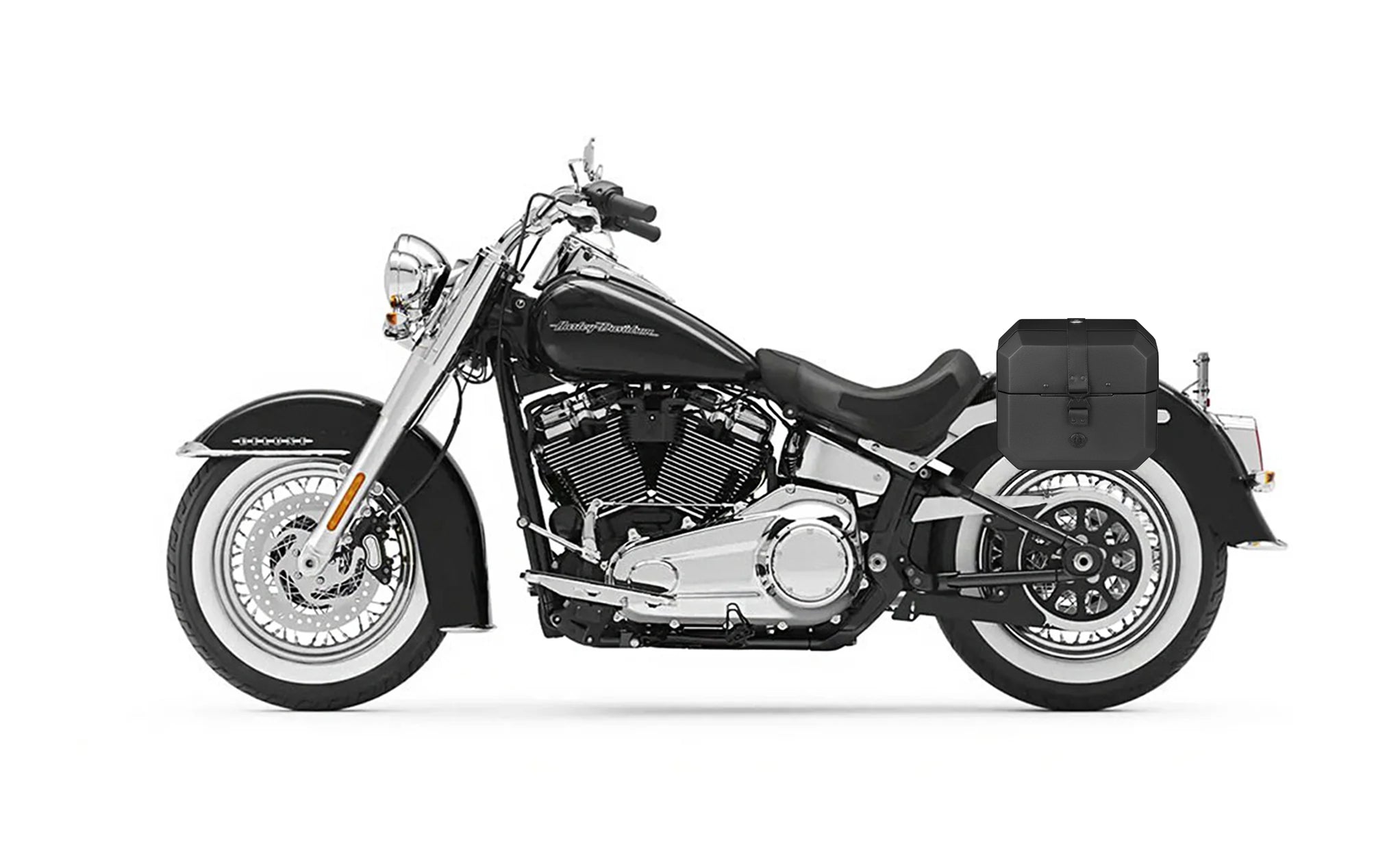 10L - Outlaw Quick Mount Small Harley Softail Deluxe FLDE Hard Solo Saddlebag (Left Only) Bag on Bike @expand