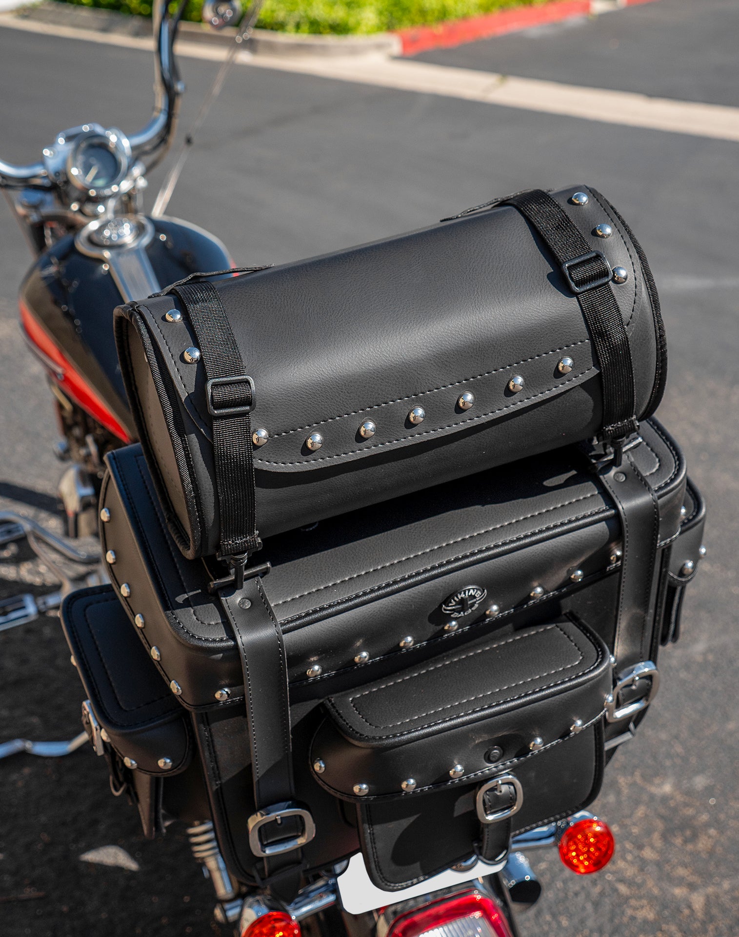 35L - Revival Series XL Kawasaki Studded Motorcycle Sissy Bar Bag Lifestyle 4