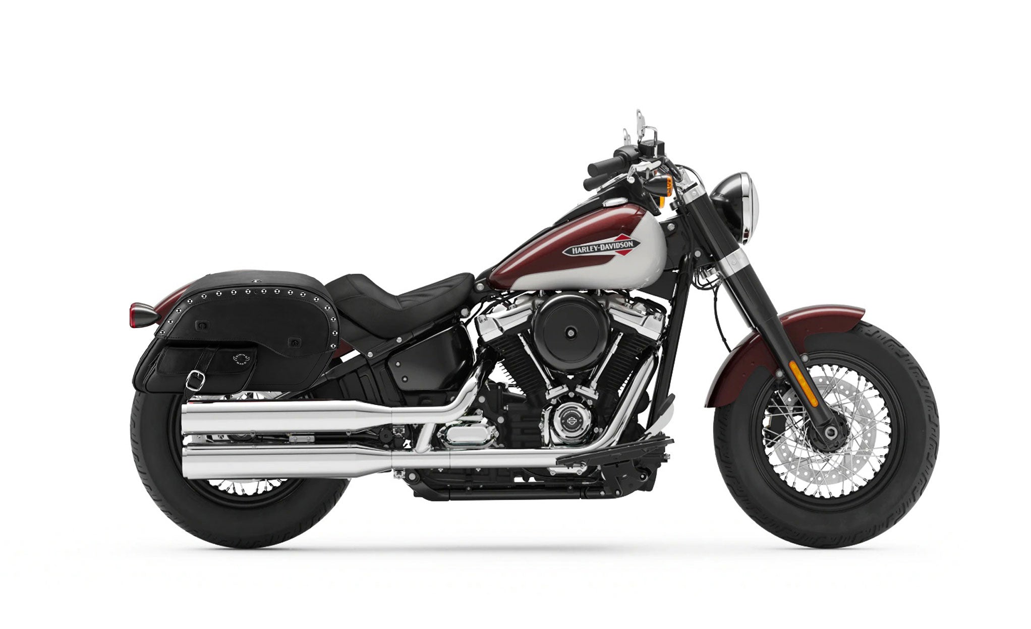 Viking Side Pocket Large Studded Leather Motorcycle Saddlebags for Harley Softail Slim Bag on Bike View @expand