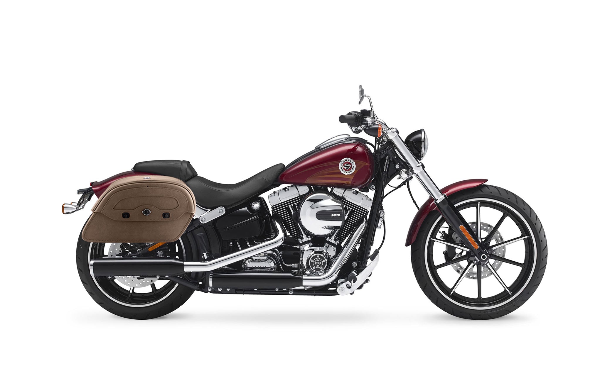 Viking Warrior Brown Large Leather Motorcycle Saddlebags for Harley Softail Breakout FXSB Bag on Bike View @expand