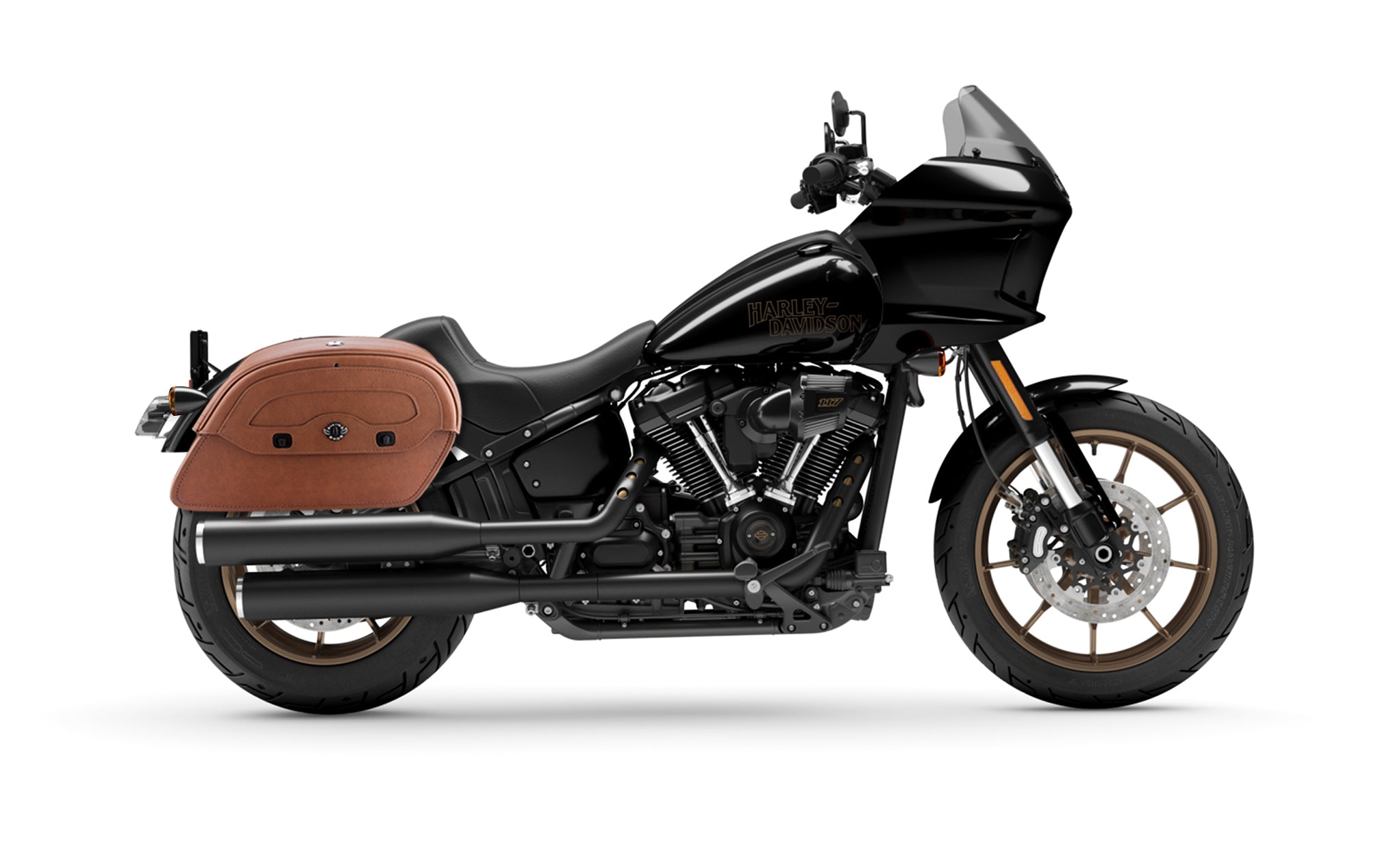 Viking Warrior Brown Large Leather Motorcycle Saddlebags For Harley Softail Low Rider ST FXLRST Bag on Bike View @expand