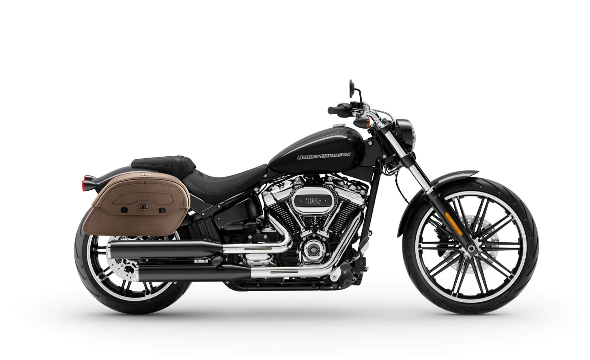 Viking Warrior Brown Large Leather Motorcycle Saddlebags for Harley Softail Breakout 114 FXBR/S Bag on Bike View @expand