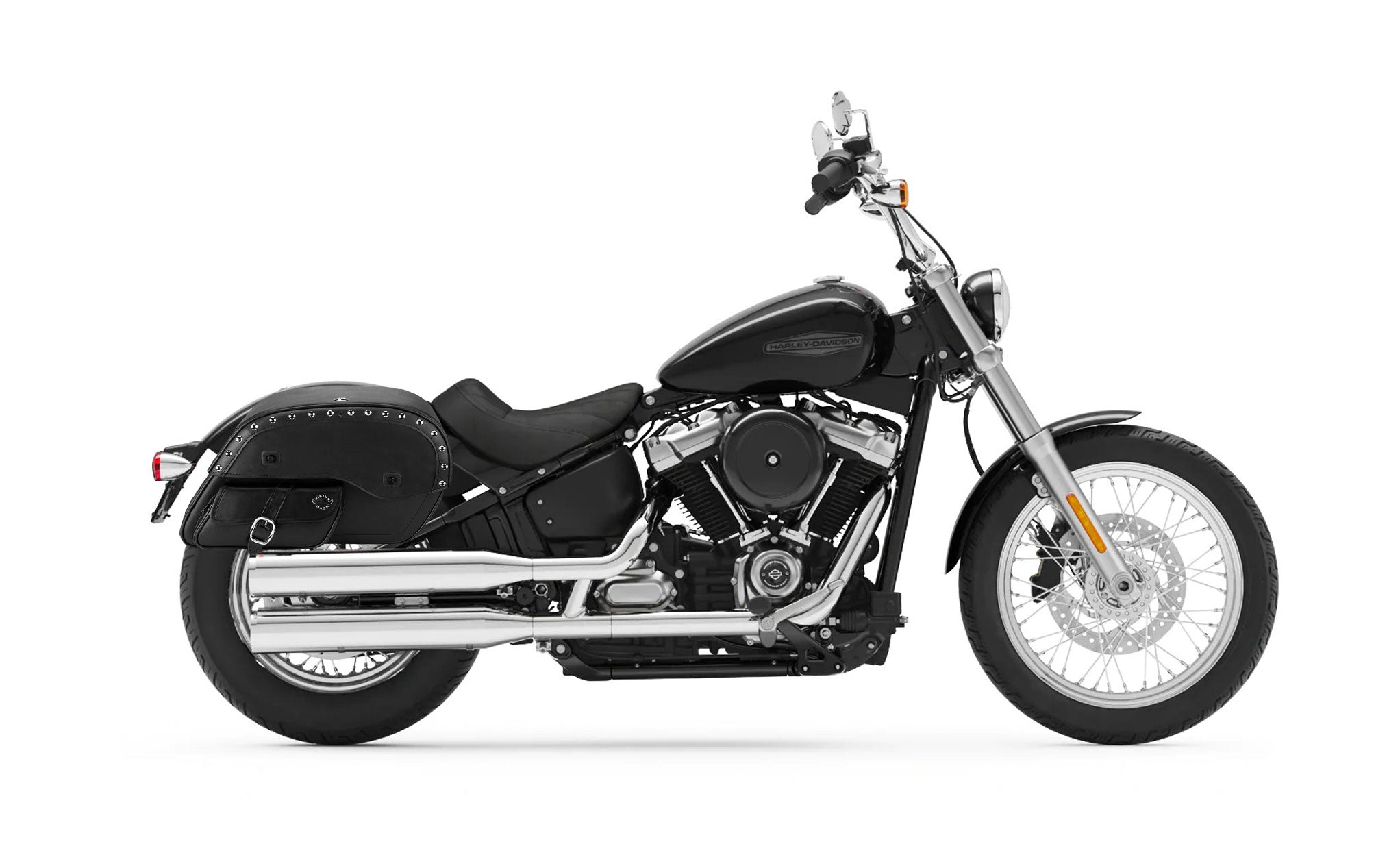Viking Side Pocket Large Studded Leather Motorcycle Saddlebags for Harley Softail Standard FXST/I Bag on Bike View @expand