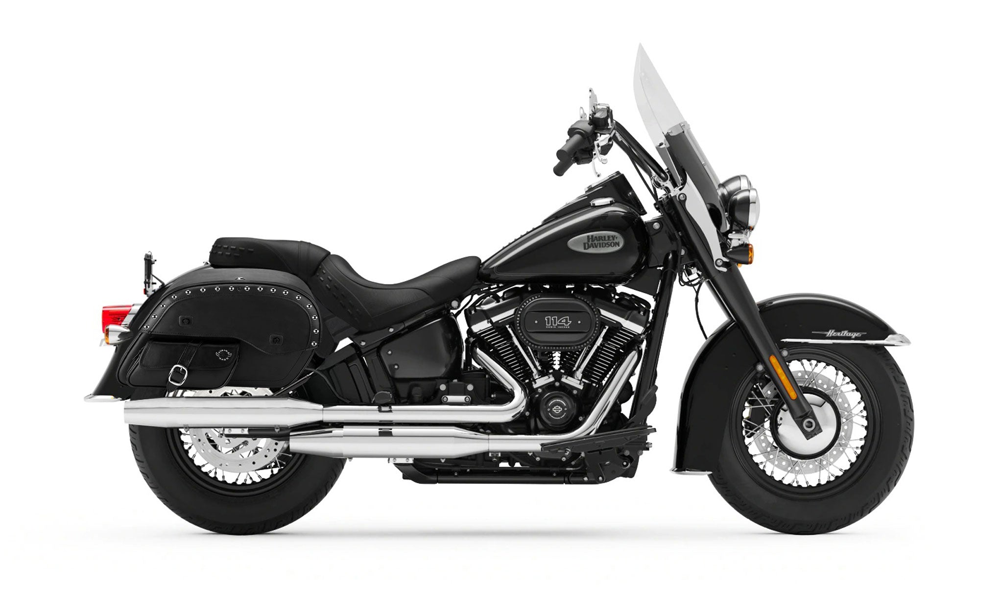 Viking Side Pocket Large Studded Leather Motorcycle Saddlebags for Harley Softail Heritage FLST/I/C/CI Bag on Bike View @expand