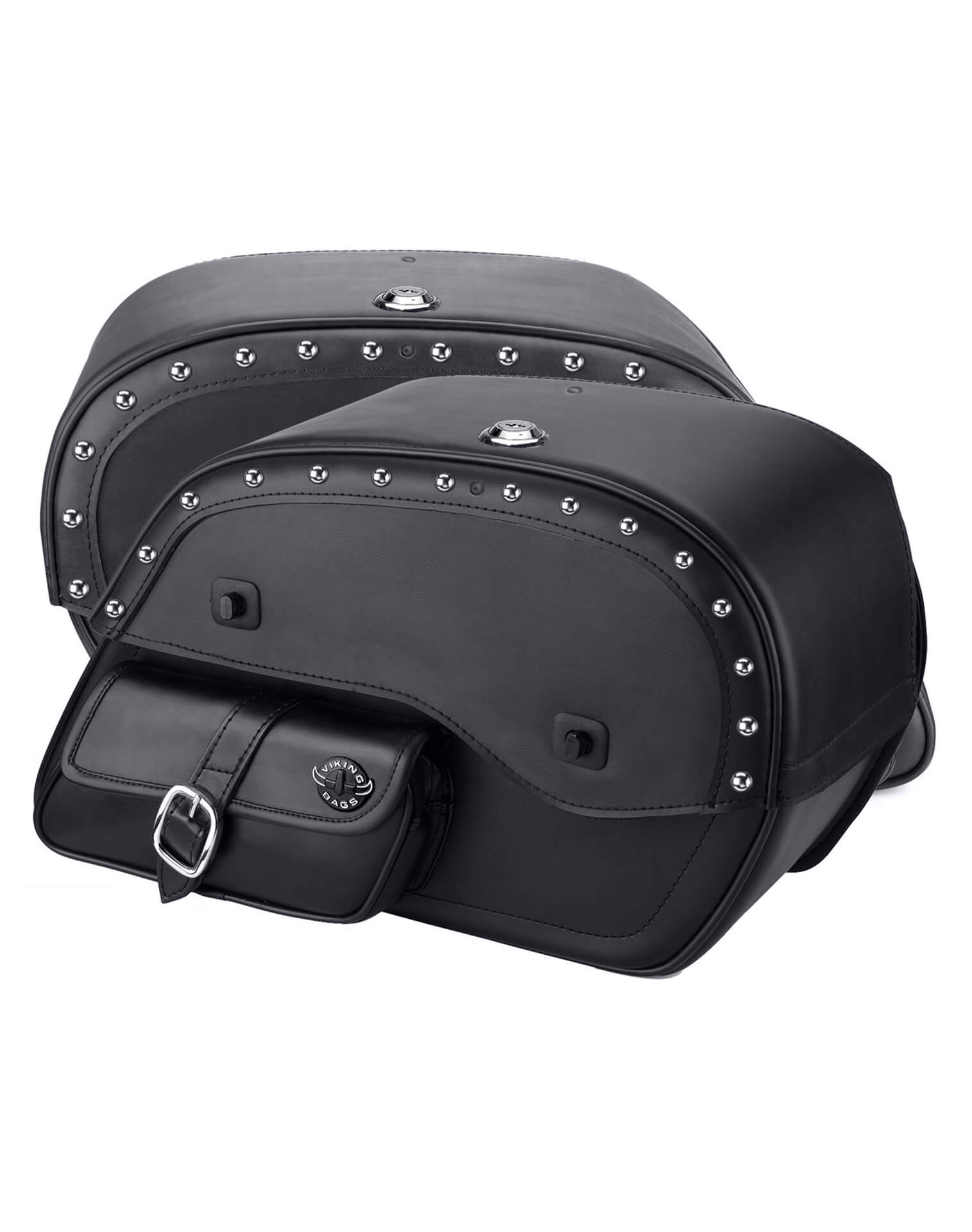Viking Side Pocket Large Studded Leather Motorcycle Saddlebags for Harley Softail Low Rider S FXLRS Both Bags View